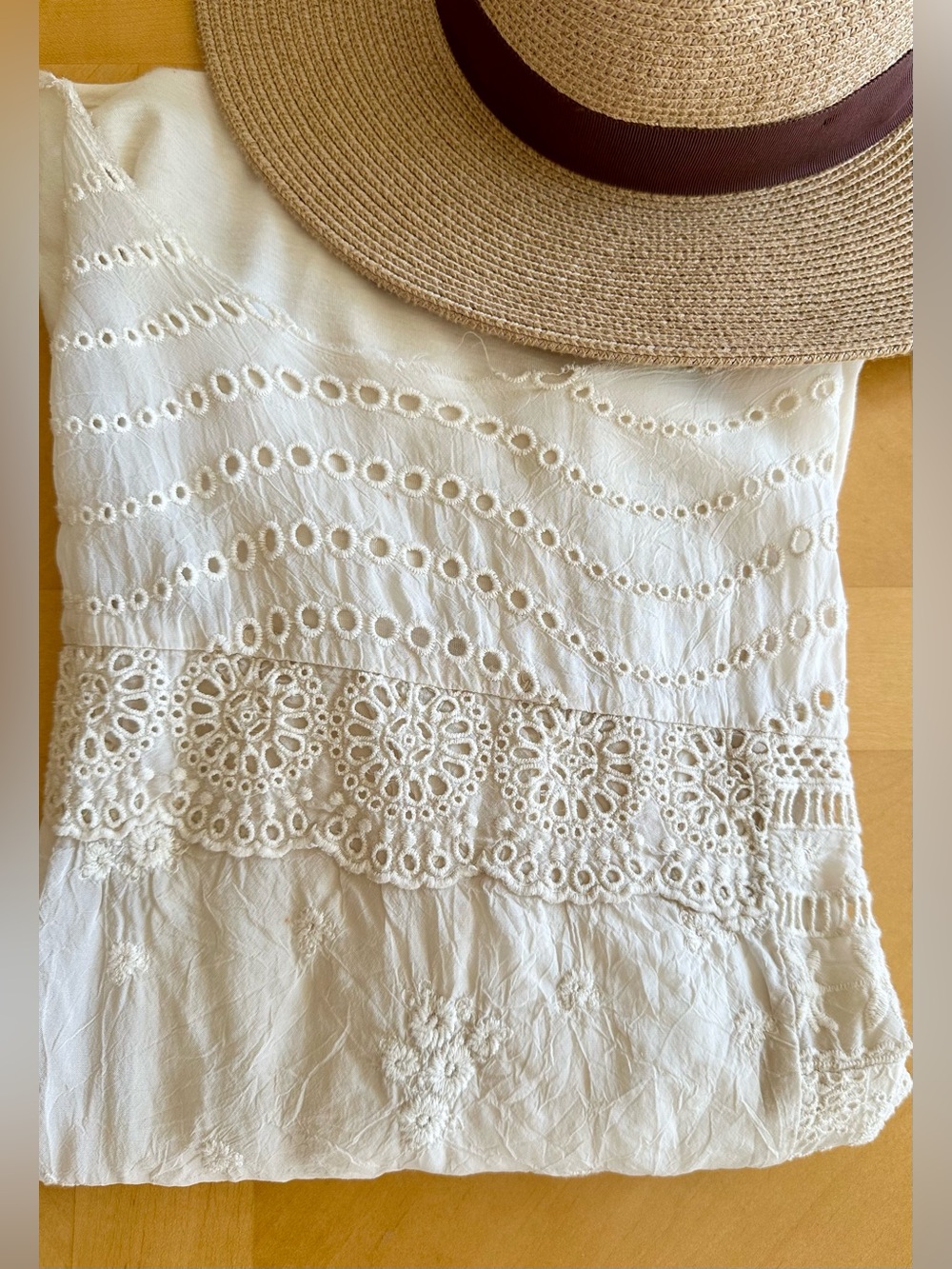 Ivory Cotton Eyelet Patchwork Lace Embroidered Boho Top | Size S